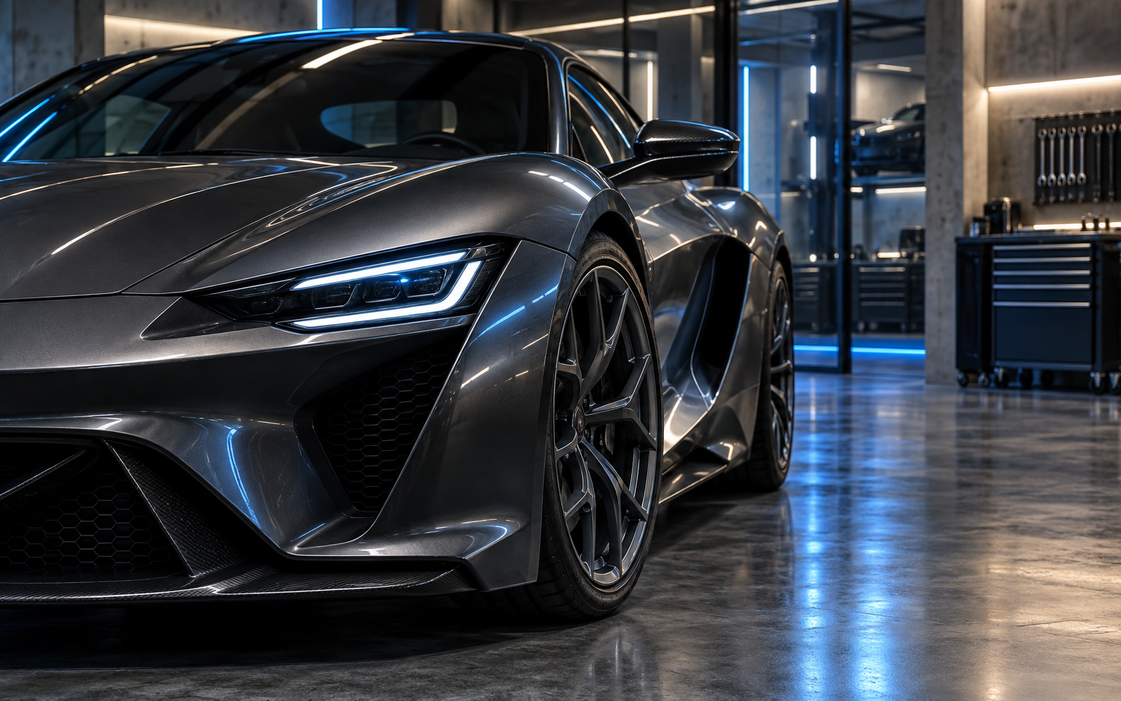 Auto sportiva in una moderna officina illuminata di blu