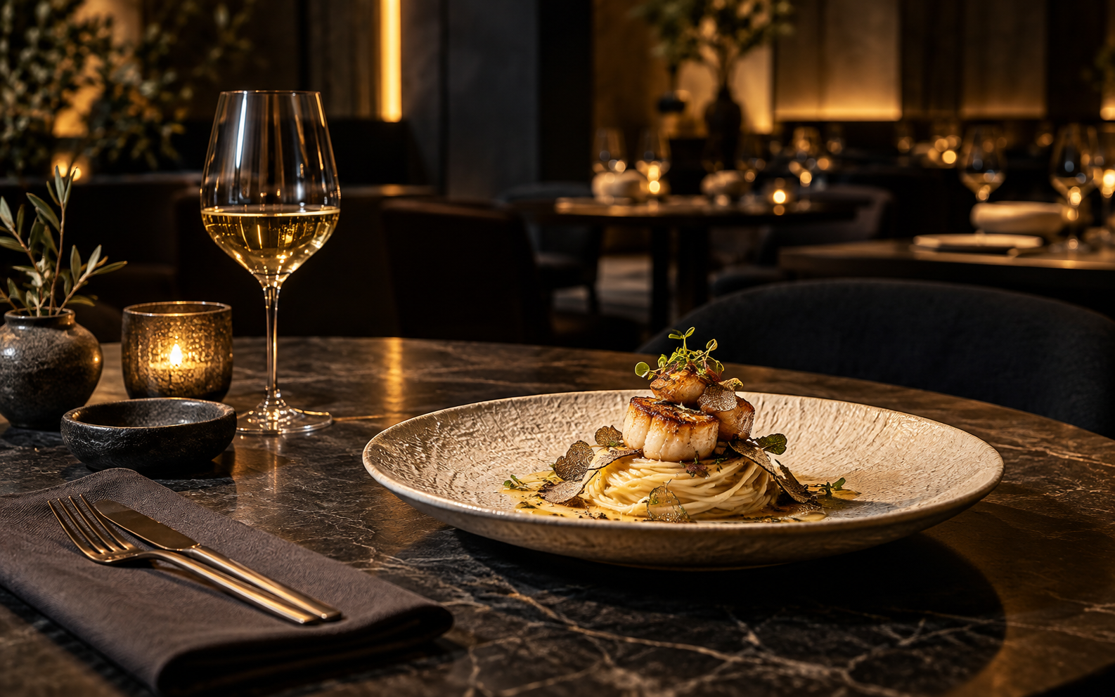 Piatto contemporaneo e calice di vino in un ristorante dalla luce calda